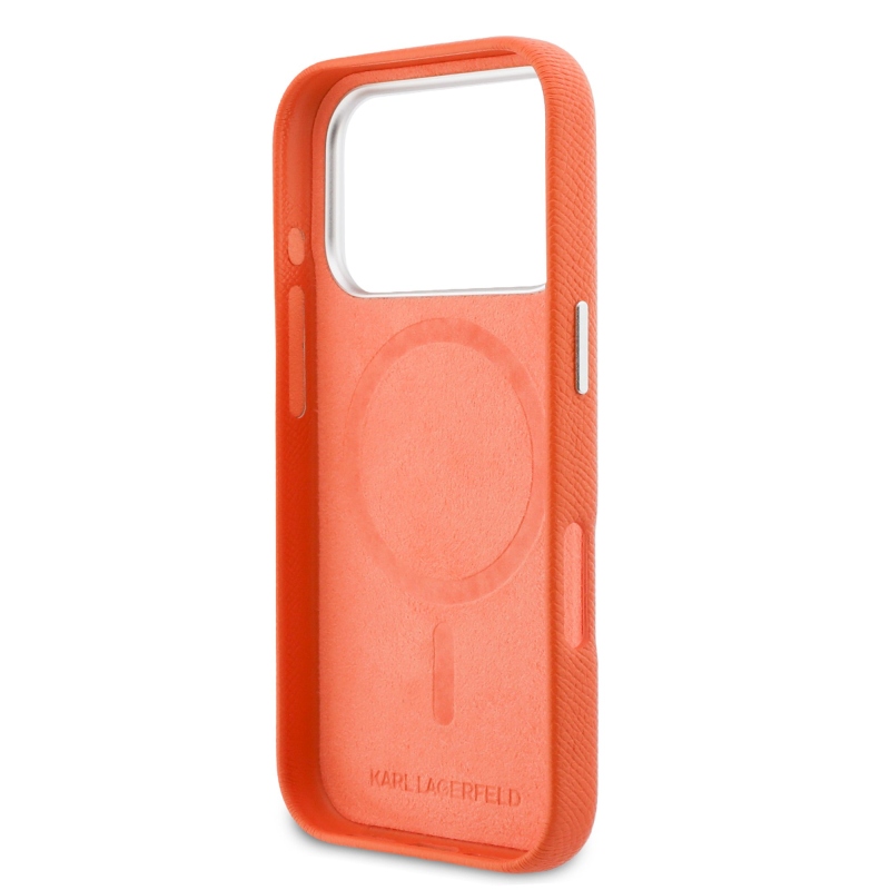 Karl Lagerfeld PU Karl and Choupette Heads Pins MagSafe Zadní Kryt pro iPhone 17 Pro Max Orange