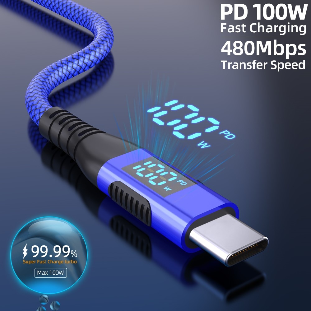 Nylonový kabel USB-C / USB-C s displejem 1m 100W - modrý