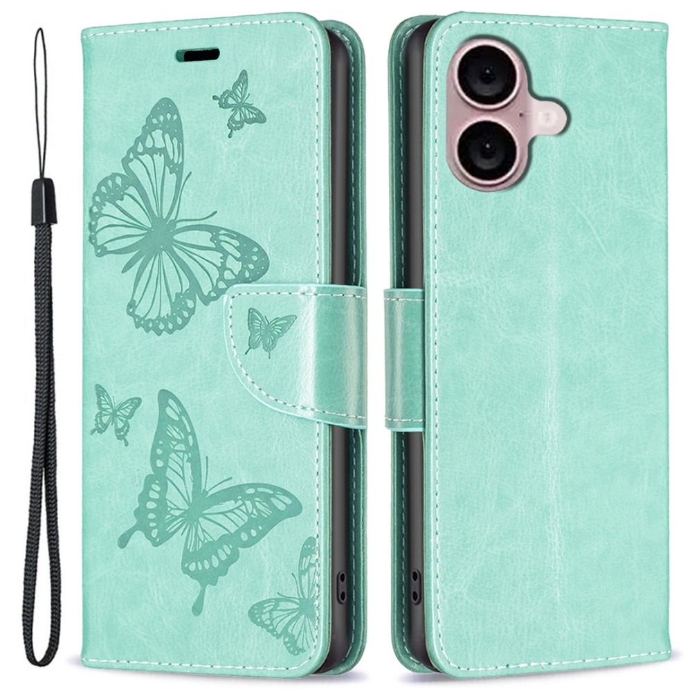 Butterfly knížkové pouzdro na iPhone 16 - modrozelené