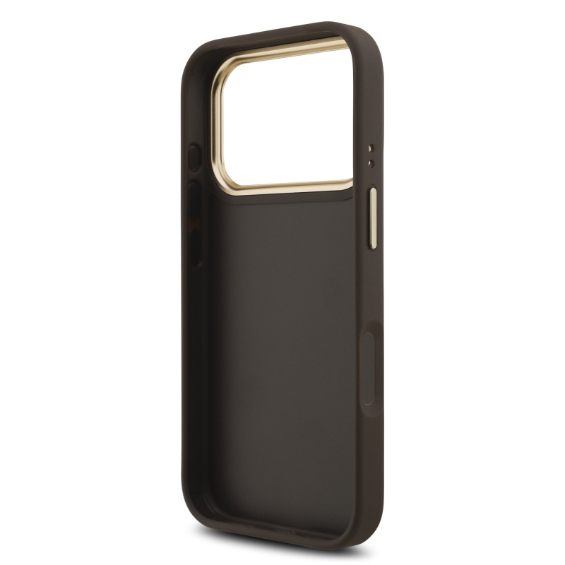 Guess PU Leather 4G Metal Logo Gold Frame Zadní Kryt pro iPhone 18 Pro Brown