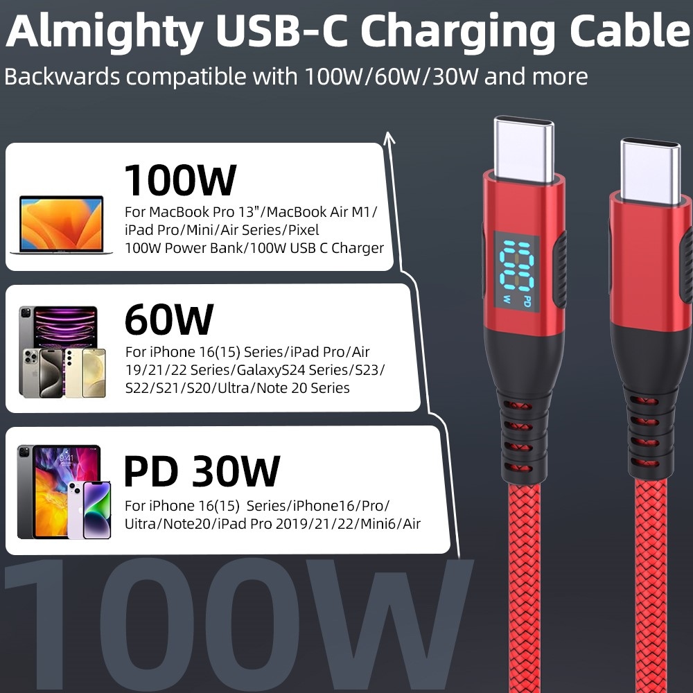Nylonový kabel USB-C / USB-C s displejem 1m 100W - červený