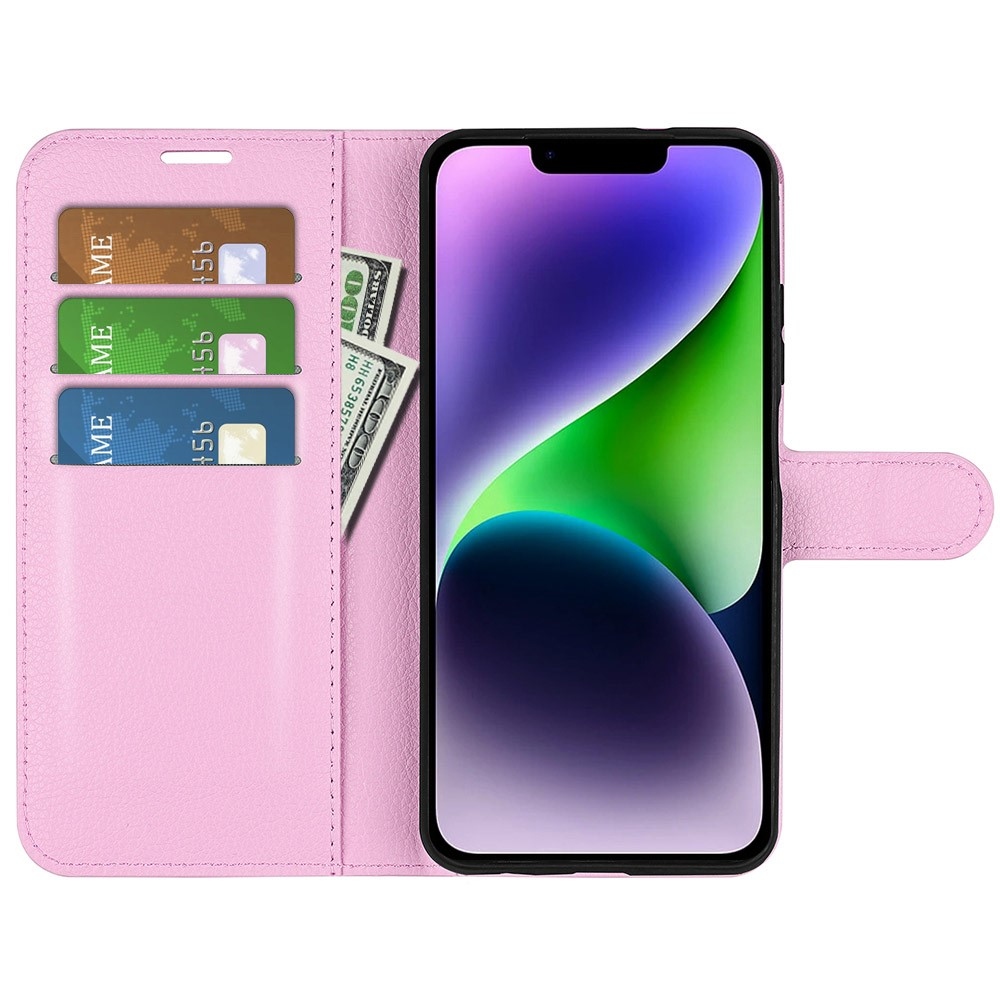 Litchi knížkové pouzdro na iPhone 15 Plus - růžové