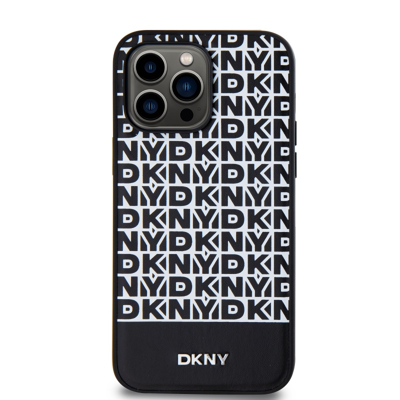 DKNY PU Leather Repeat Pattern Bottom Stripe MagSafe Zadní Kryt pro iPhone 15 Pro Max Black