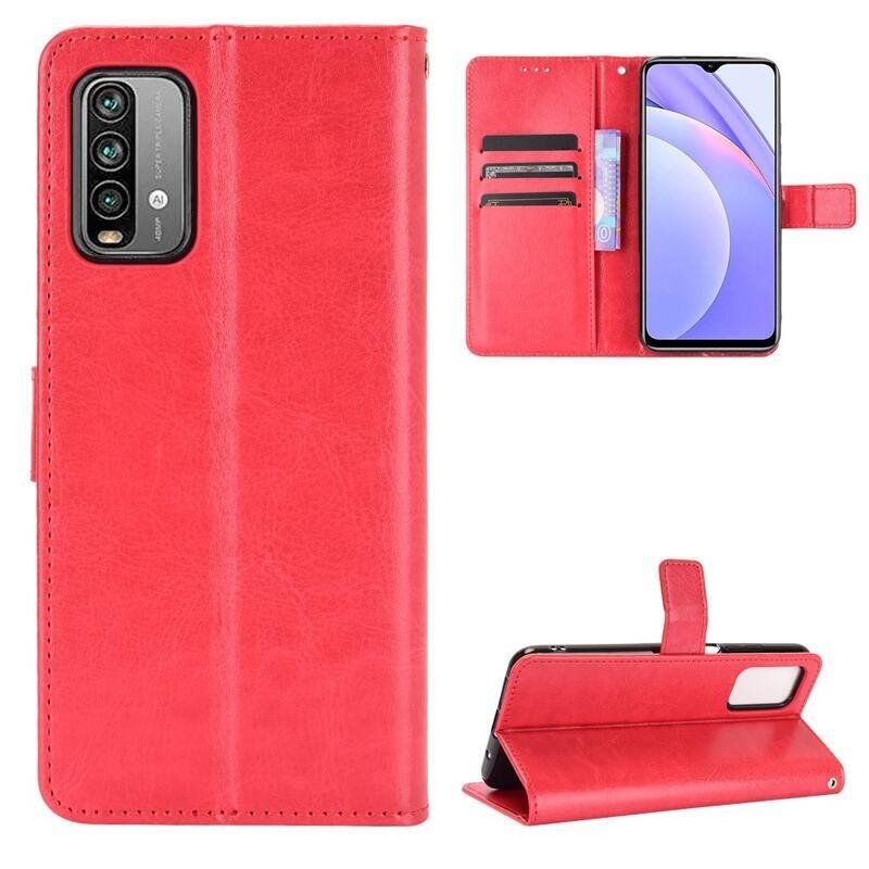 Crazy PU kožené peněženkové pouzdro na mobil Xiaomi Redmi 9T/Poco M3 - červené