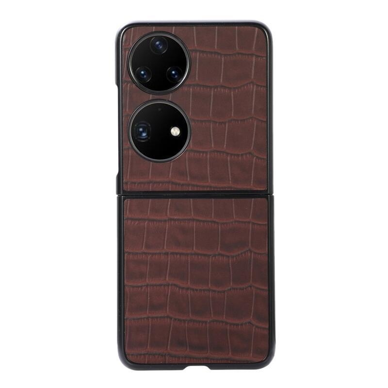 Croco plastový kryt potažený umělou kůží na mobil Huawei P50 Pocket - hnědé