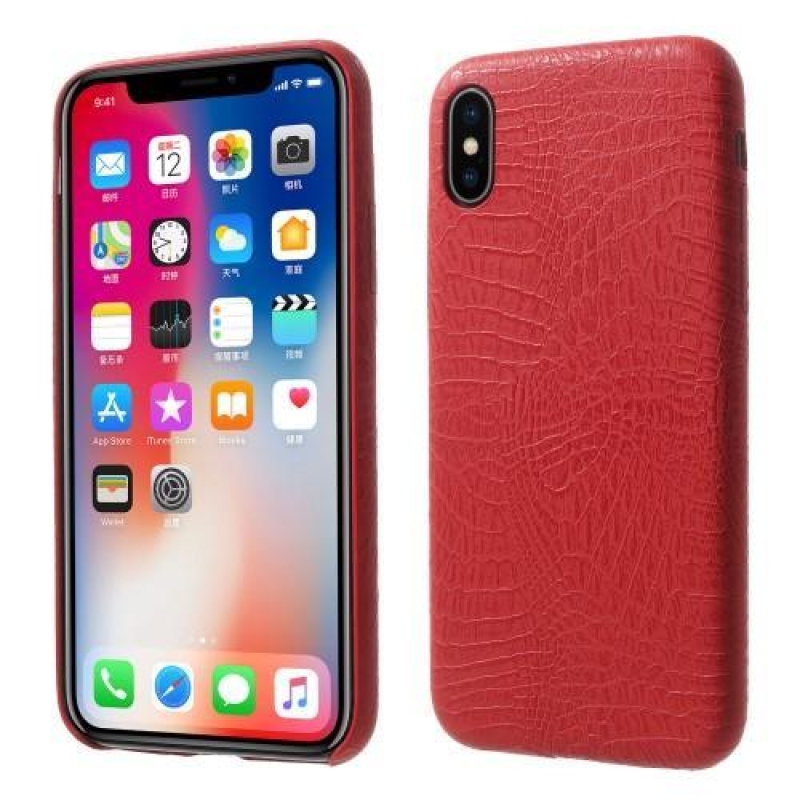 Croco plastový obal se zády z PU kůže na iPhone X - červený