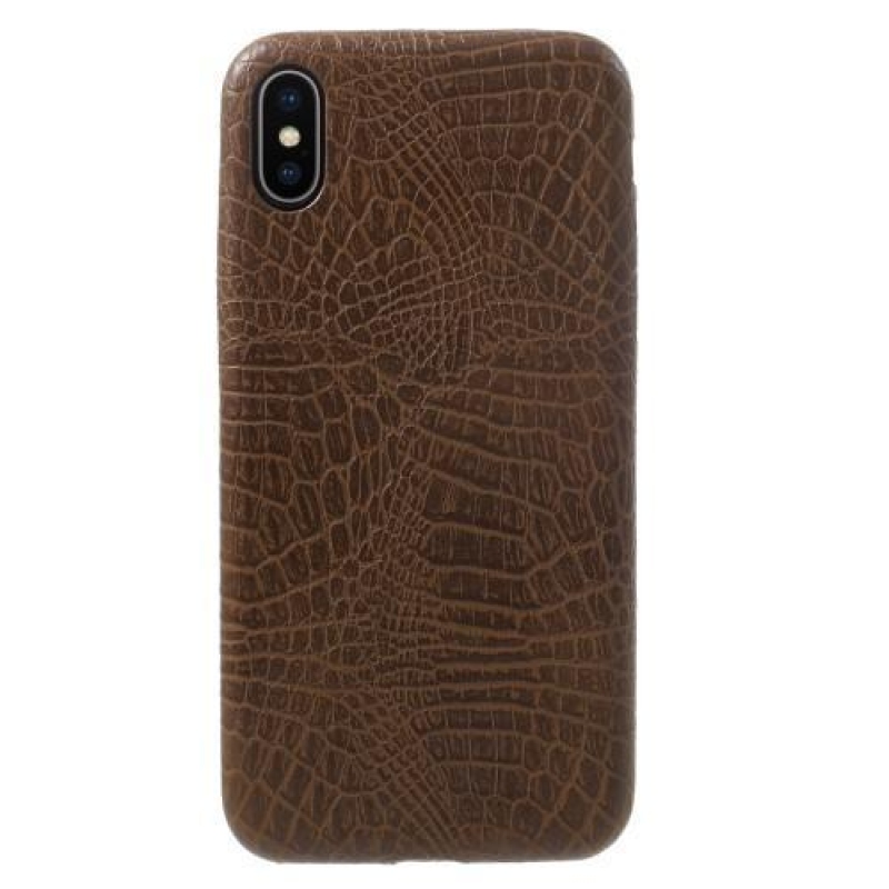 Croco plastový obal se zády z PU kůže na iPhone X - coffee