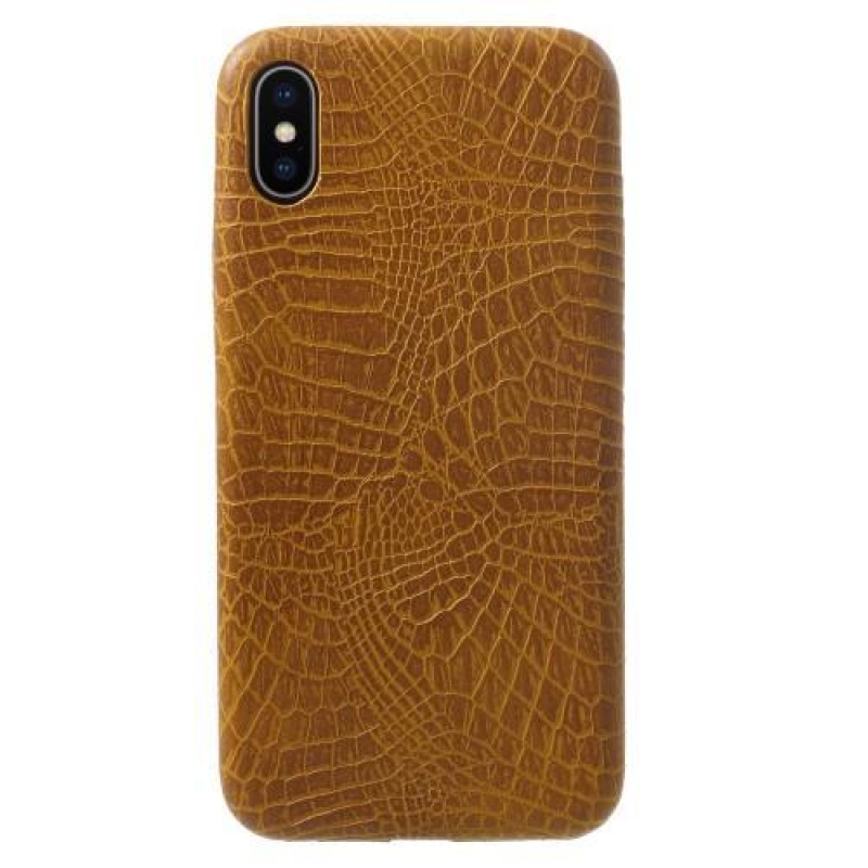 Croco plastový obal se zády z PU kůže na iPhone X - hnědý