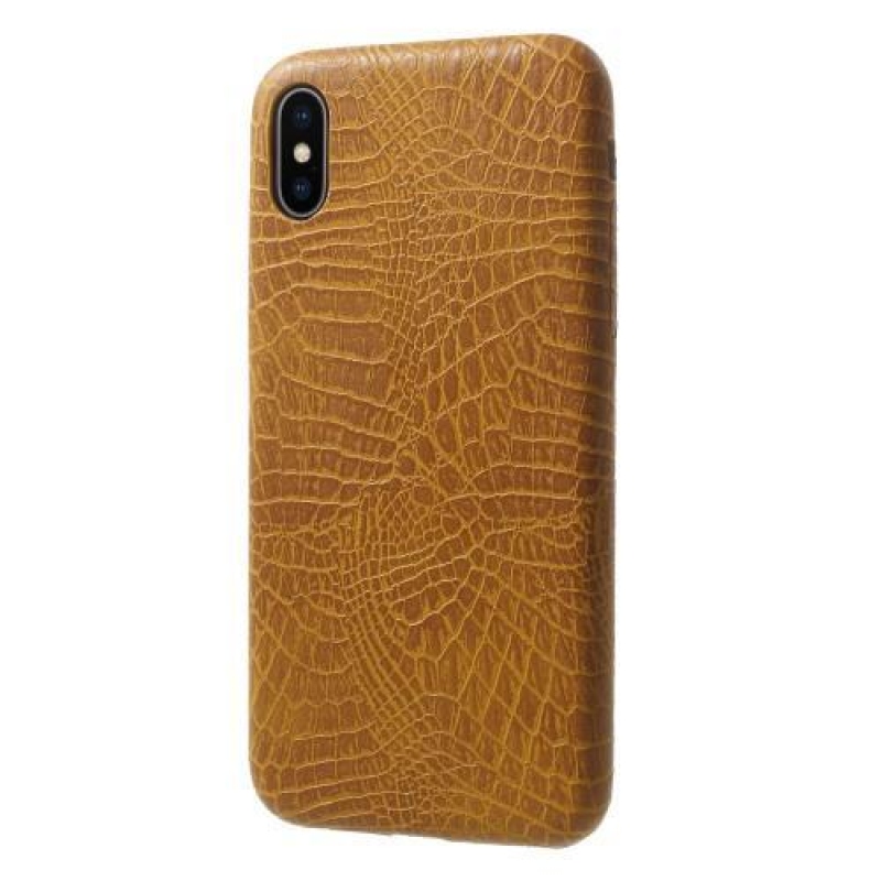 Croco plastový obal se zády z PU kůže na iPhone X - hnědý