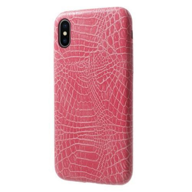 Croco plastový obal se zády z PU kůže na iPhone X - růžový