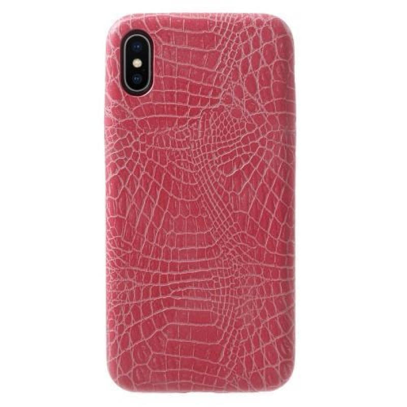 Croco plastový obal se zády z PU kůže na iPhone X - růžový