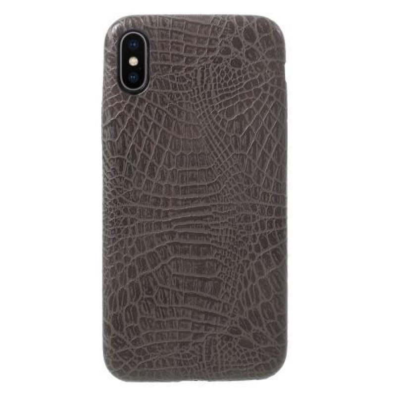 Croco plastový obal se zády z PU kůže na iPhone X - šedý