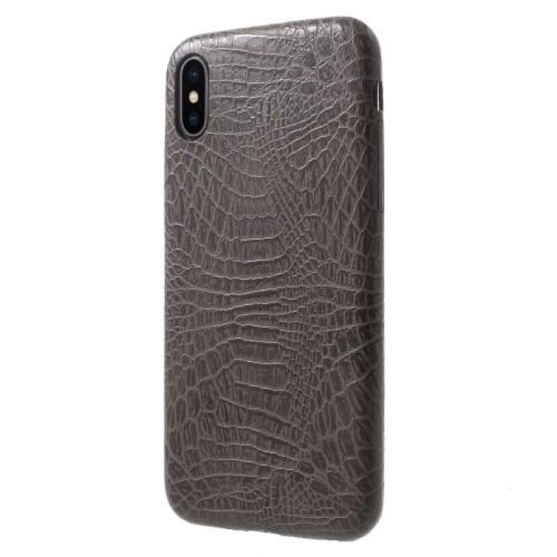 Croco plastový obal se zády z PU kůže na iPhone X - šedý