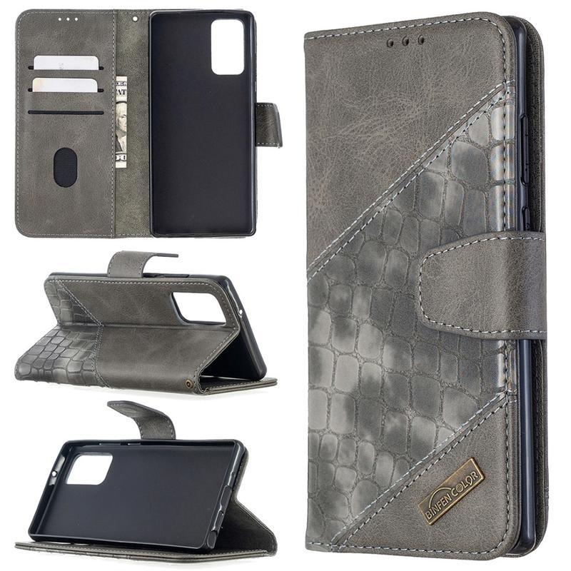 Crocodile PU kožené peněženkové pouzdro na mobil Samsung Galaxy Note 20/Note 20 5G - šedé