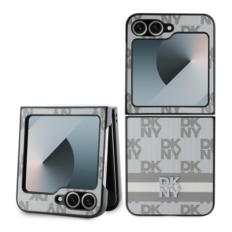 DKNY PU Leather Checkered Pattern and Stripe Zadní Kryt pro Samsung Galaxy Z Flip 6 Beige