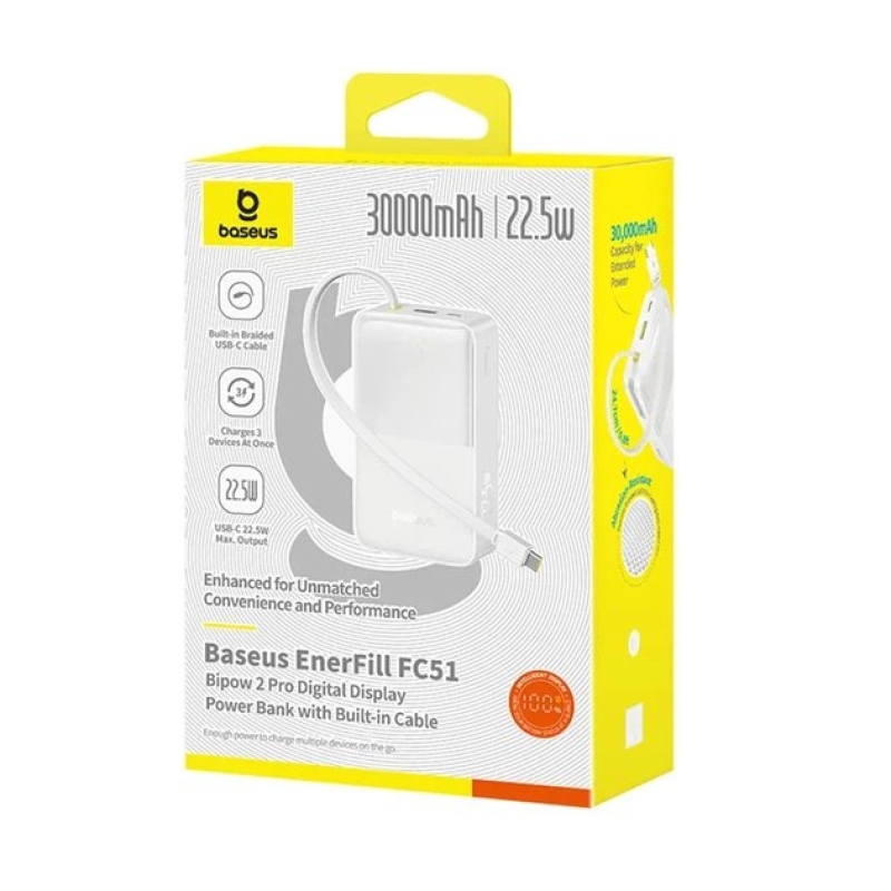 Baseus EnerFill FC51 Bipow 2 Pro 22.5W Powerbanka s Integrovaným Kabelem 30000mAh Moon White