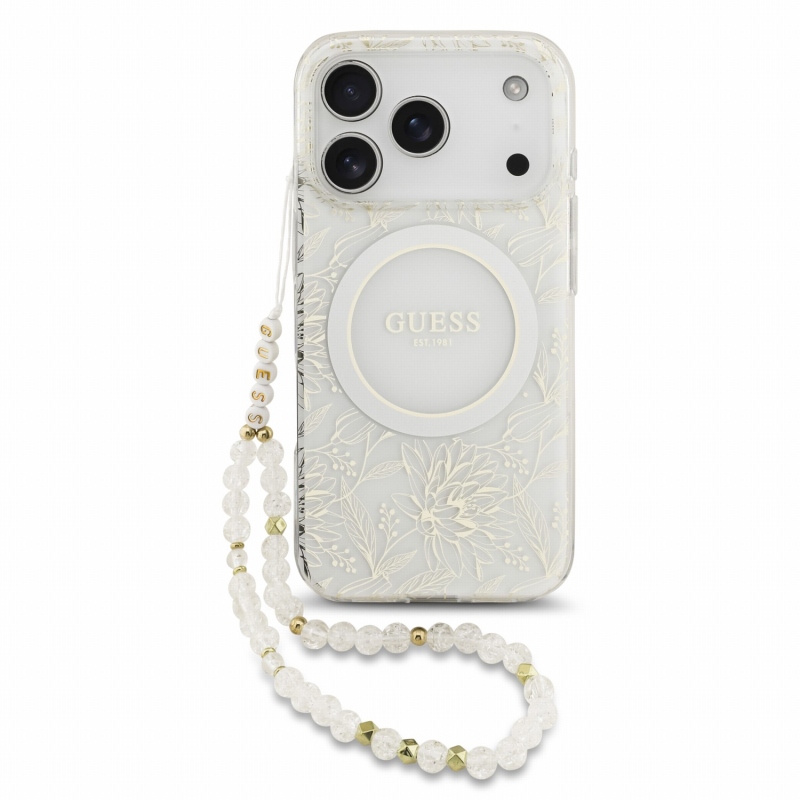 Guess IML Flowers Allover Strap MagSafe Zadní Kryt pro iPhone 18 Pro White