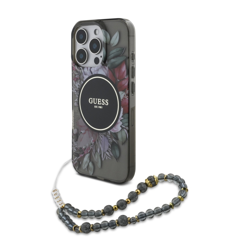 Guess IML Flowers Pearl Strap MagSafe Zadní Kryt pro iPhone 16 Pro Max Black