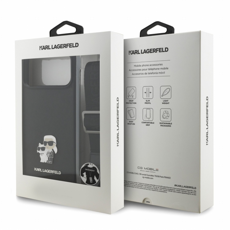 Karl Lagerfeld Saffiano Crossbody Popruh Metal Karl and Choupette Zadní Kryt pro iPhone 18 Pro Max Black