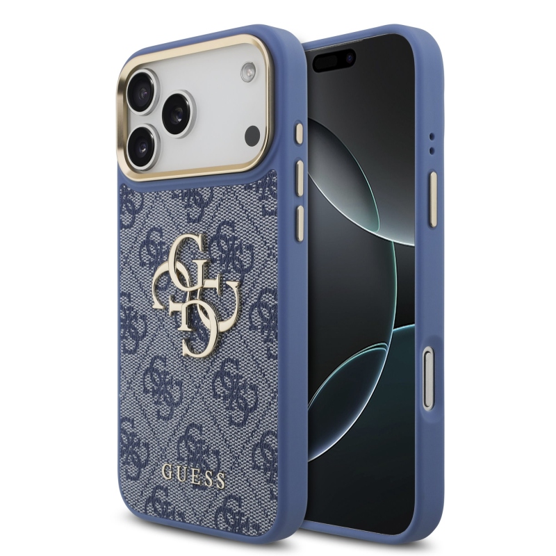 Guess PU Leather 4G Metal Logo Gold Frame Zadní Kryt pro iPhone 18 Pro Max Blue
