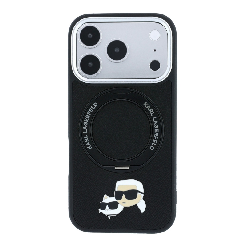 Karl Lagerfeld PU Grained K&CH Heads Ring Stand Magsafe Zadní Kryt pro iPhone 18 Pro Black