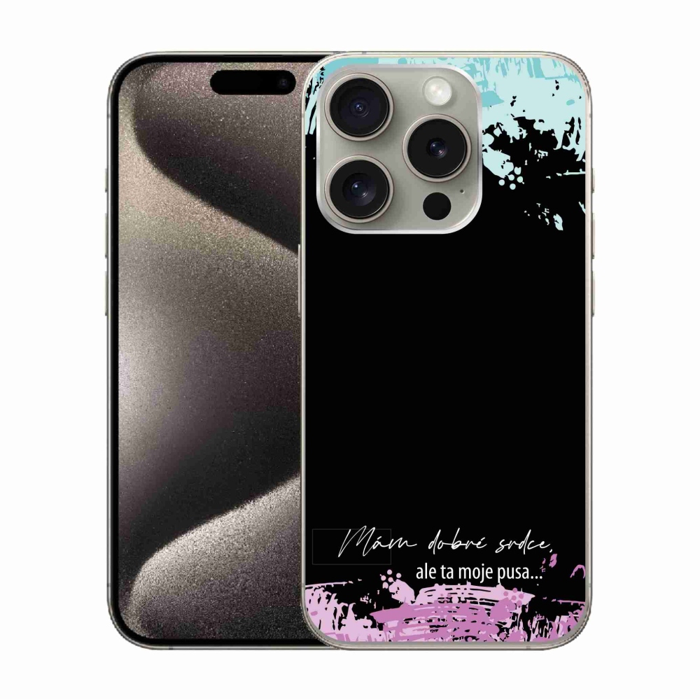 Gelový kryt mmCase na iPhone 15 Pro - vtipný text 3 černé pozadí