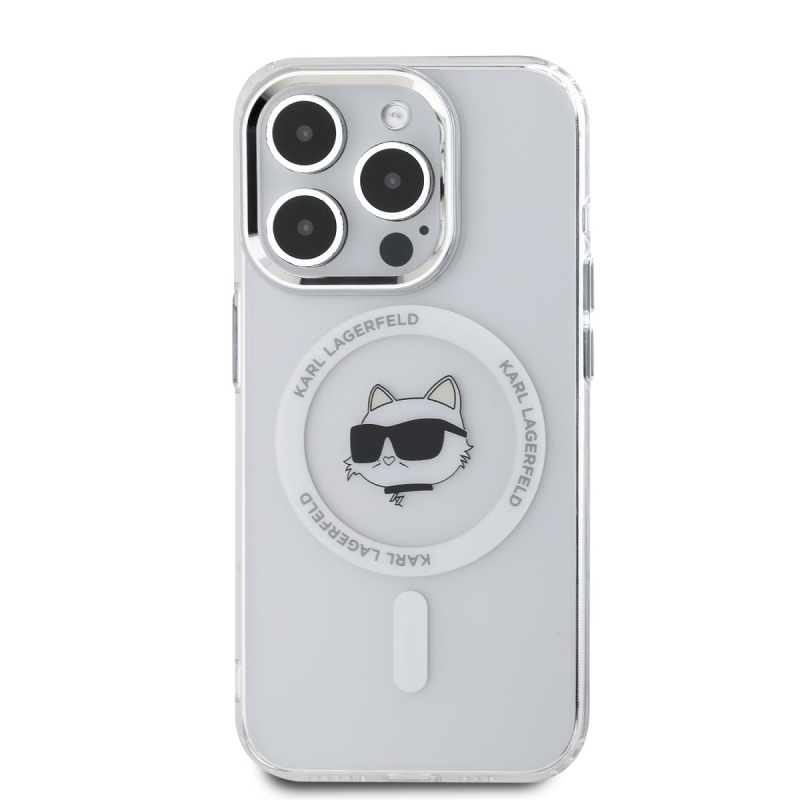 Karl Lagerfeld IML Choupette Head Metal Frame MagSafe Zadní Kryt pro iPhone 15 Pro Max Transparent