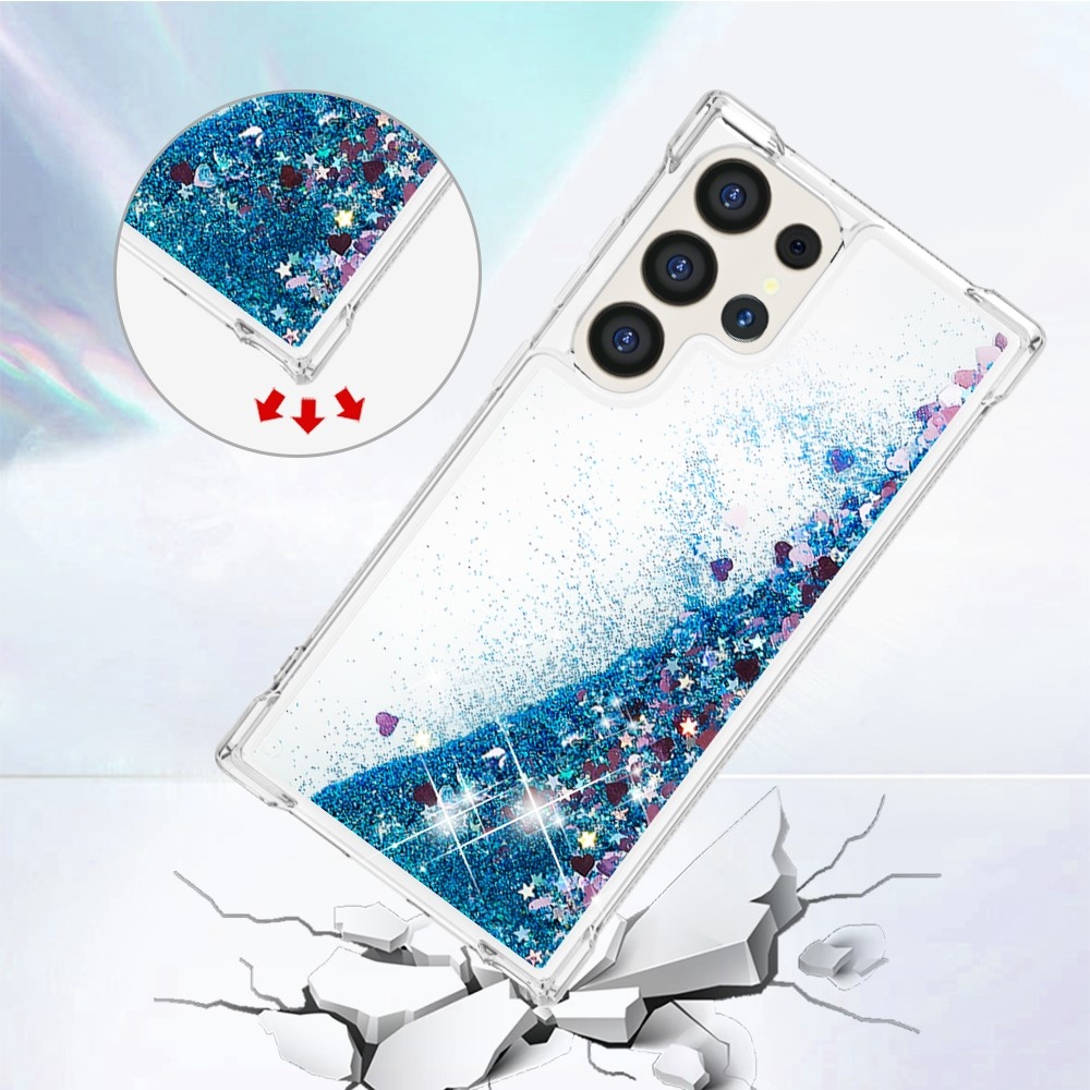 Glitter přesýpací gelový obal na Samsung Galaxy S24 Ultra - modrý/srdíčka