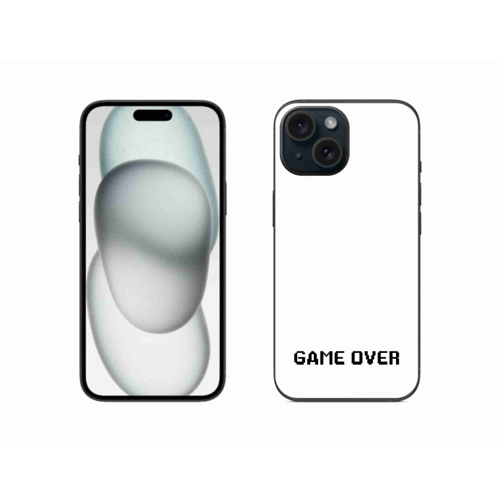 Gelový kryt mmCase na iPhone 15 - game over bílé pozadí