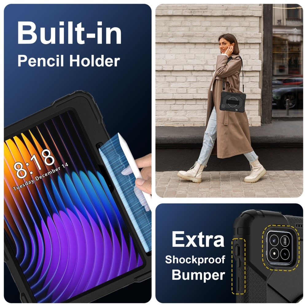 Strap odolný kryt s držákem na ruku a ramenním popruhem na Xiaomi Pad 7/7 Pro - černý