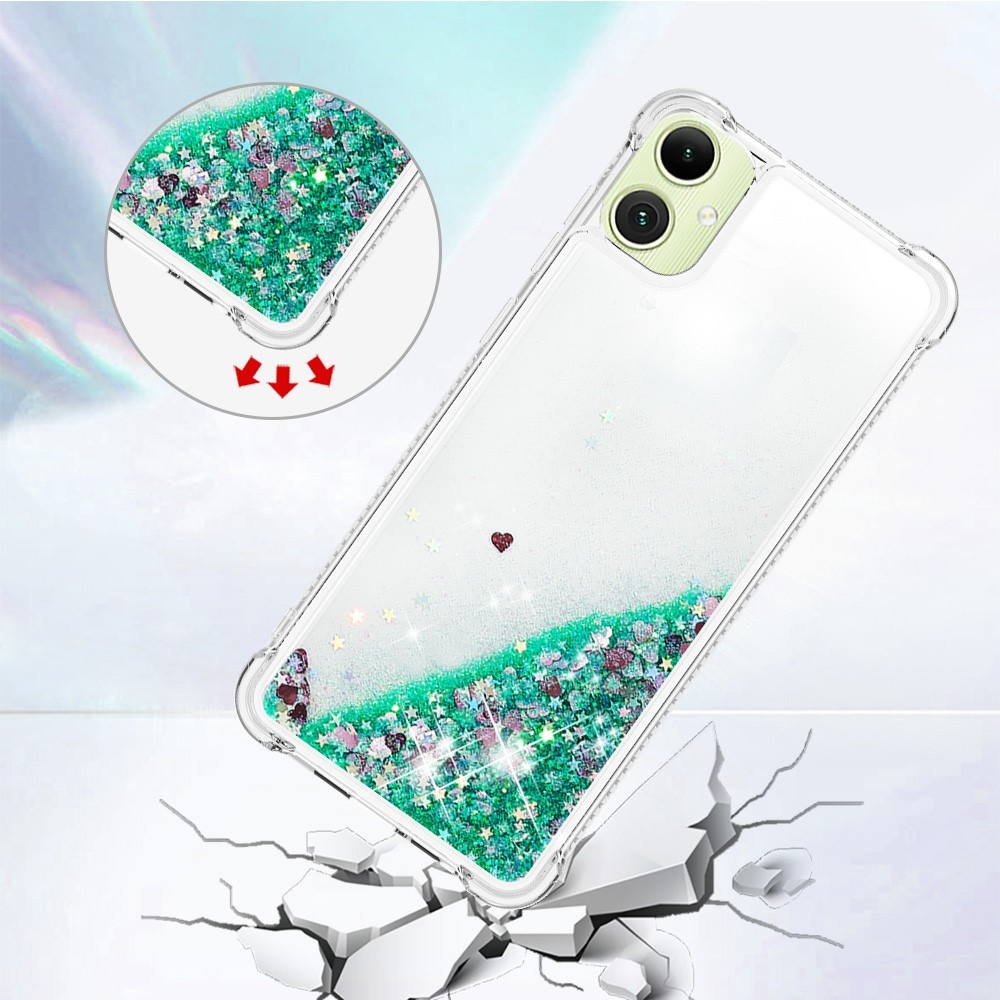 Glitter přesýpací gelový obal na Samsung Galaxy A06 4G - zelený/srdíčka