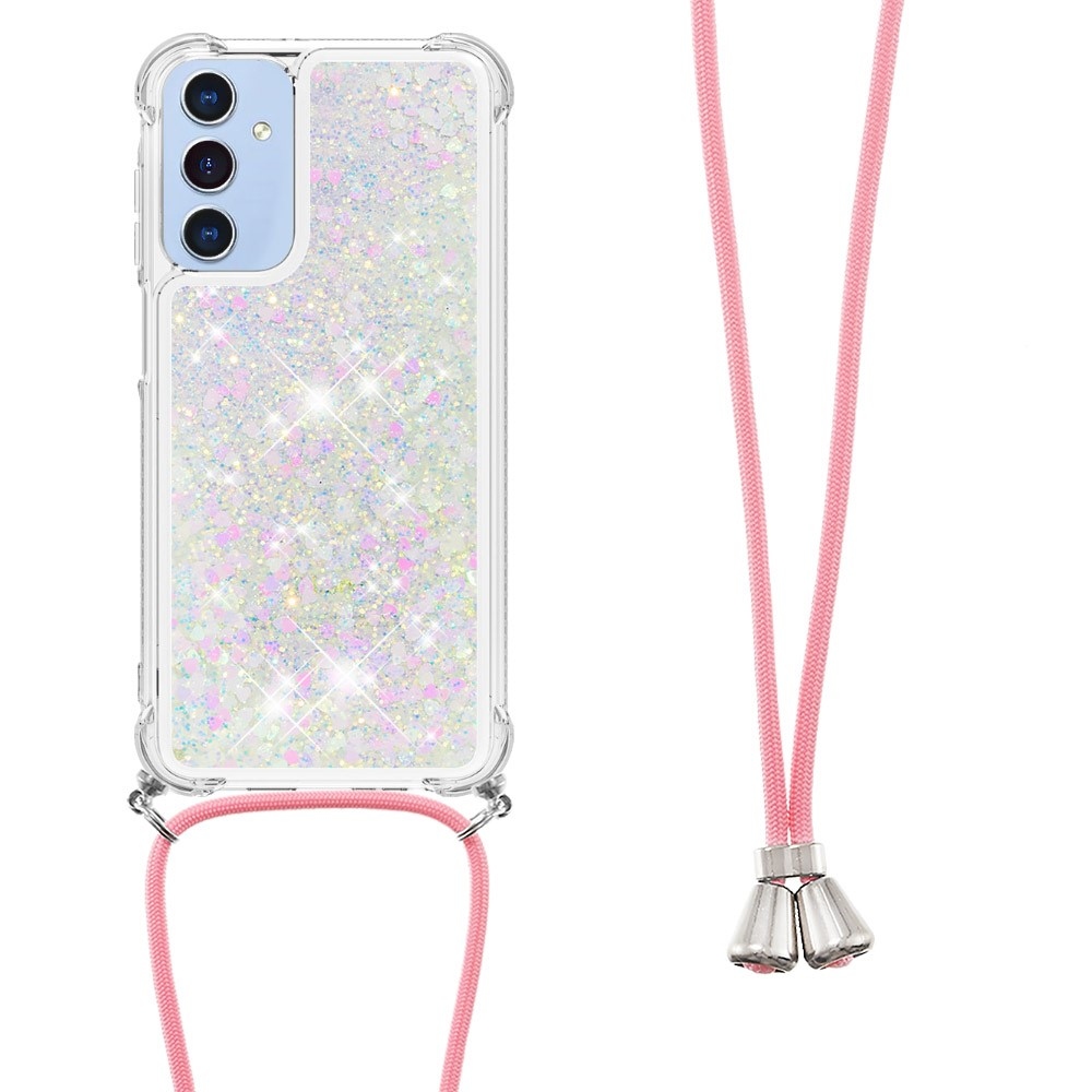 Glitters přesýpací gelový obal se šňůrkou na Samsung Galaxy A26 5G - růžovostříbrný/srdíčka