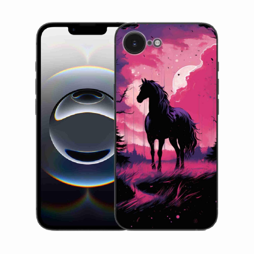 Gelový kryt mmCase na iPhone 16e - černý kreslený kůň 1