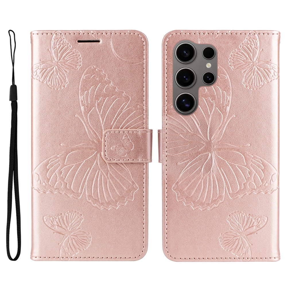 Big Butterfly knížkové pouzdro na Samsung Galaxy S25 Ultra - růžovozlaté