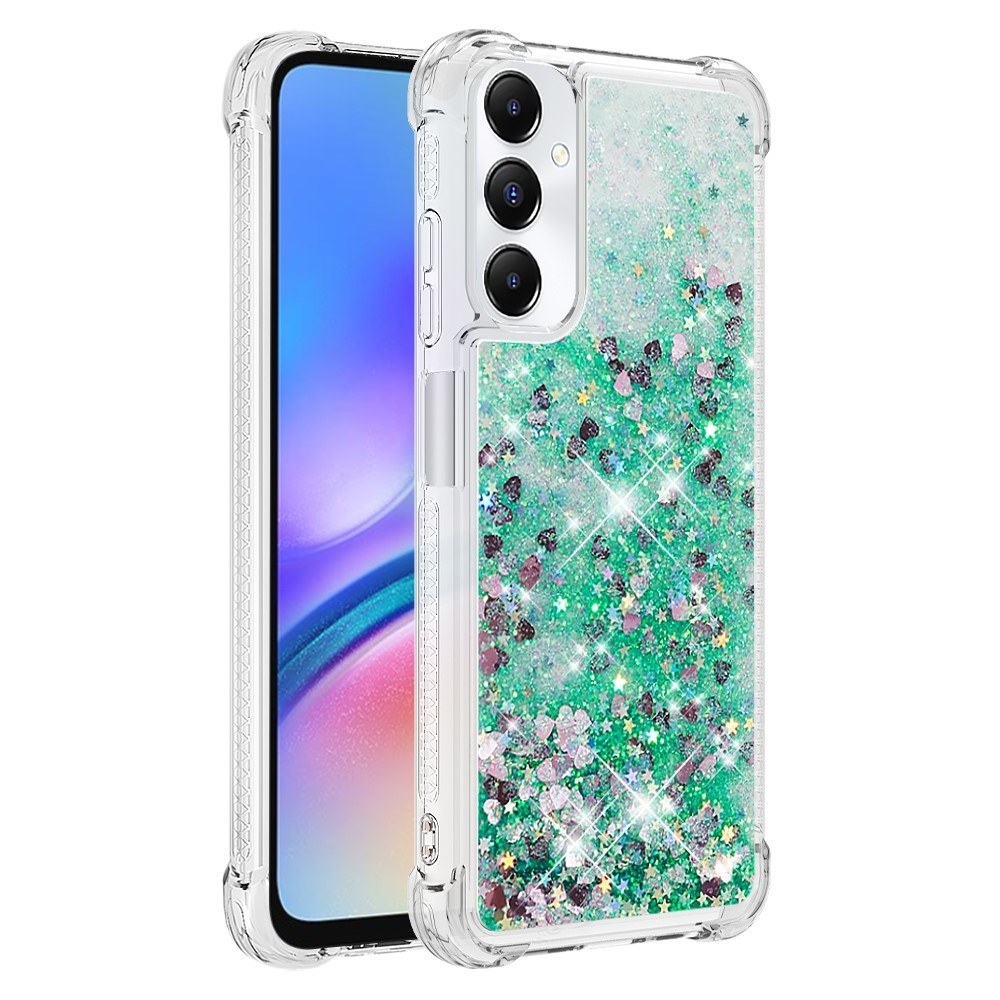 Glitter gelový přesýpací obal na Samsung Galaxy A05s - zelený/srdíčka