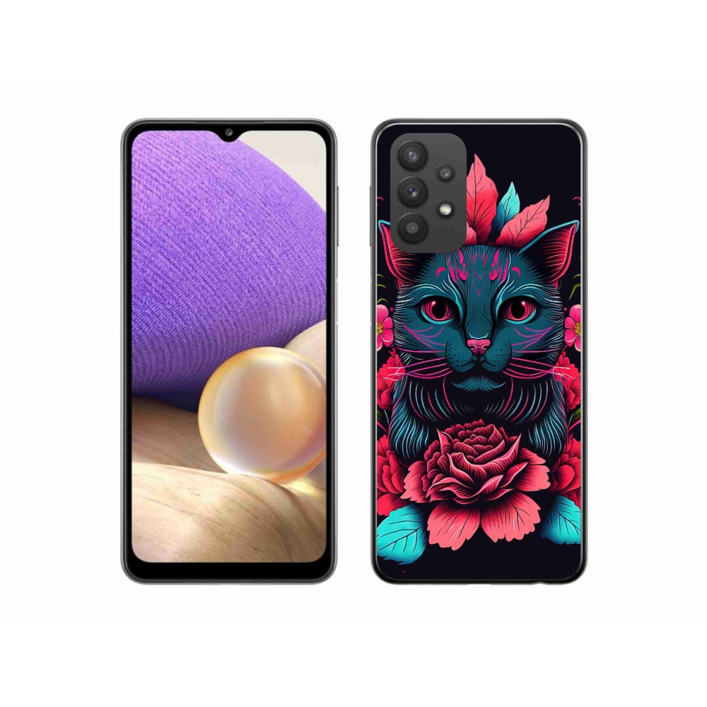 Gelový kryt mmCase na Samsung Galaxy A32 5G - květiny a kočka