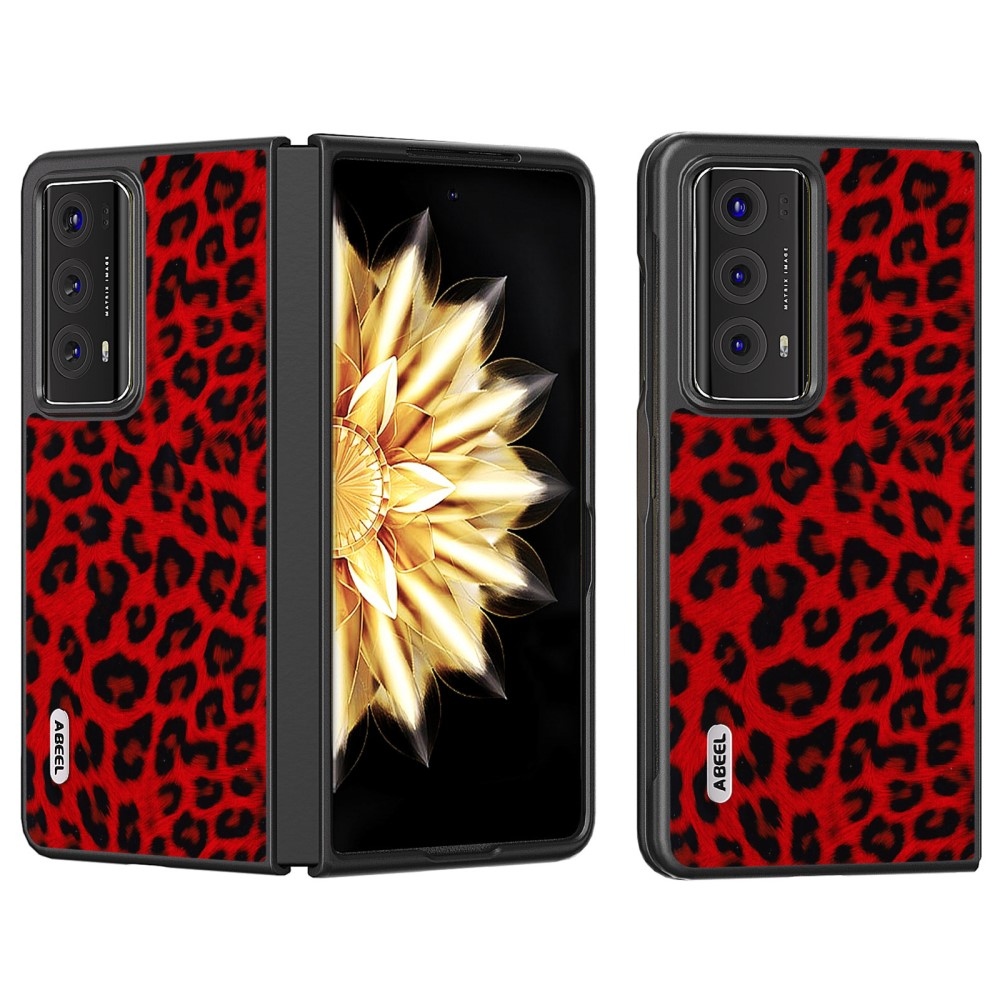 Leopard plastové pouzdro s umělou kůží na Honor Magic V2 - červené
