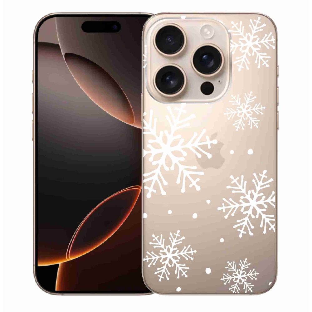Gelový kryt mmCase na iPhone 16 Pro Max - bílé vločky na průhledném pozadí