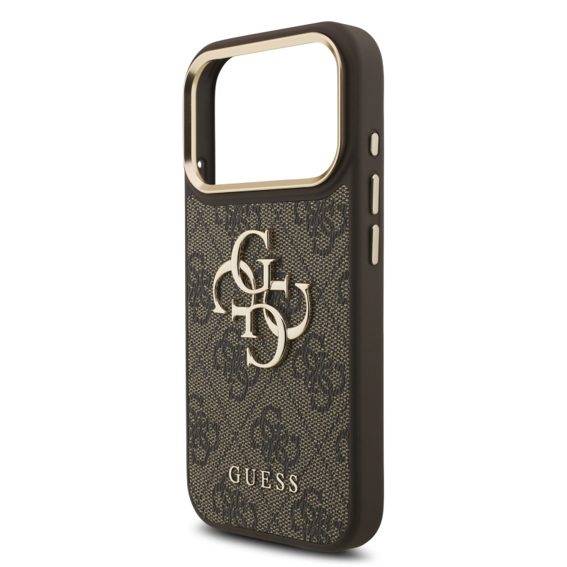 Guess PU Leather 4G Metal Logo Gold Frame Zadní Kryt pro iPhone 18 Pro Brown