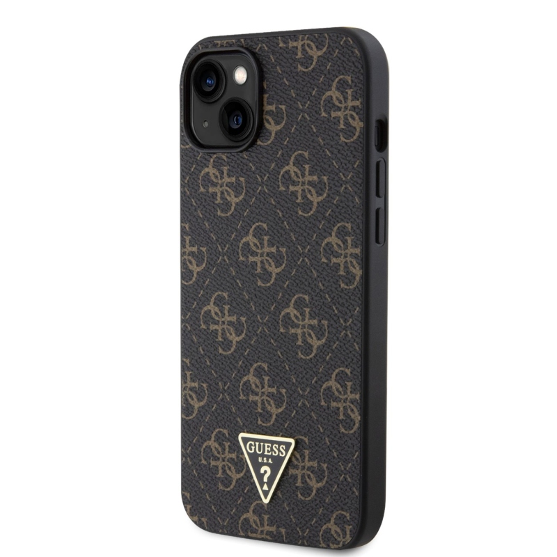 Guess PU 4G Triangle Metal Logo Zadní Kryt pro iPhone 15 Plus Black