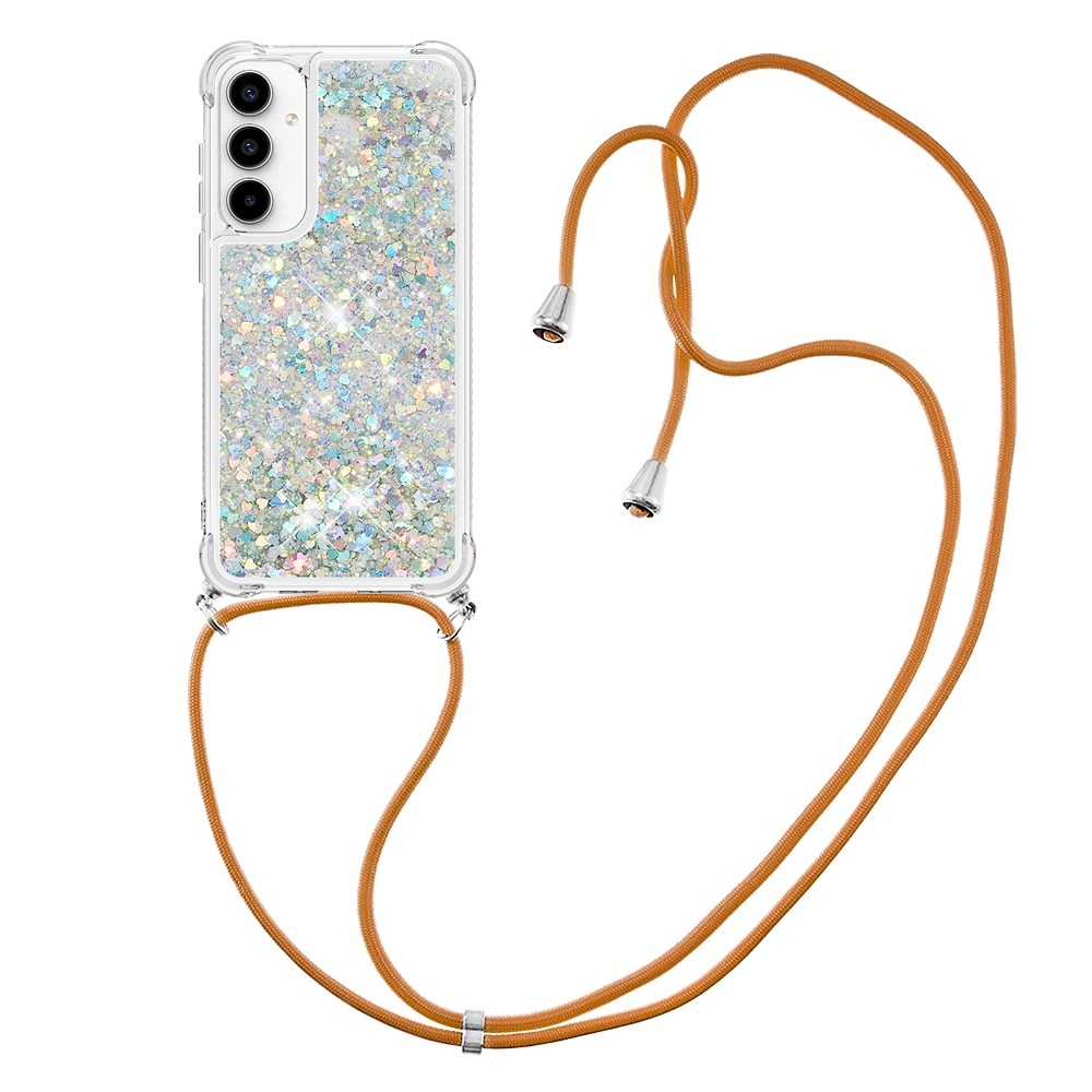 Glitters přesýpací gelový obal se šňůrkou na Samsung Galaxy A36 5G - stříbrný/srdíčka