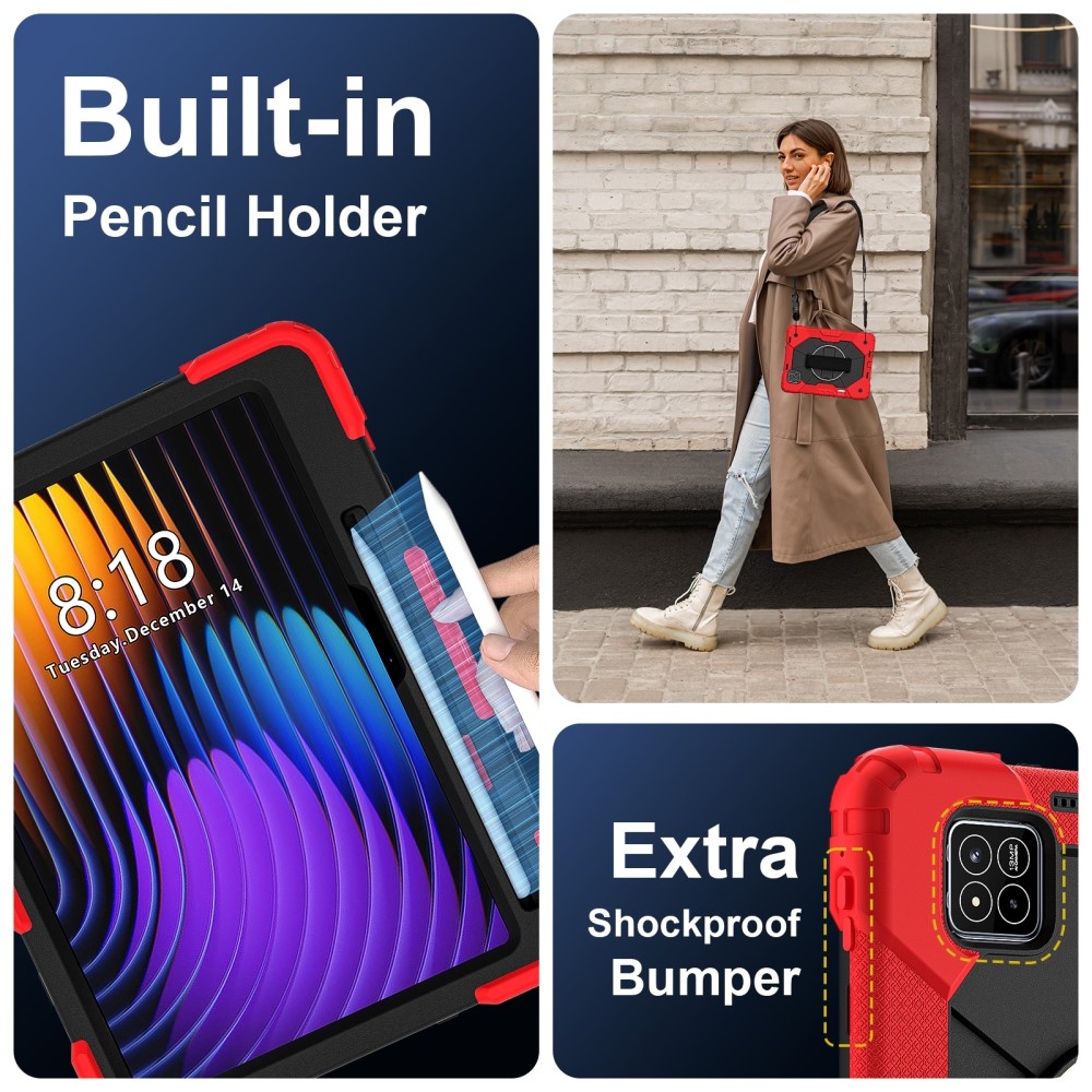 Strap odolný kryt s držákem na ruku a ramenním popruhem na Xiaomi Pad 7/7 Pro - červený/černý