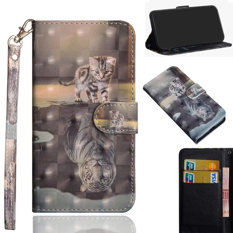 Decor PU kožené peněženkové pouzdro na mobil iPhone 12 mini - kočka a odraz tygra