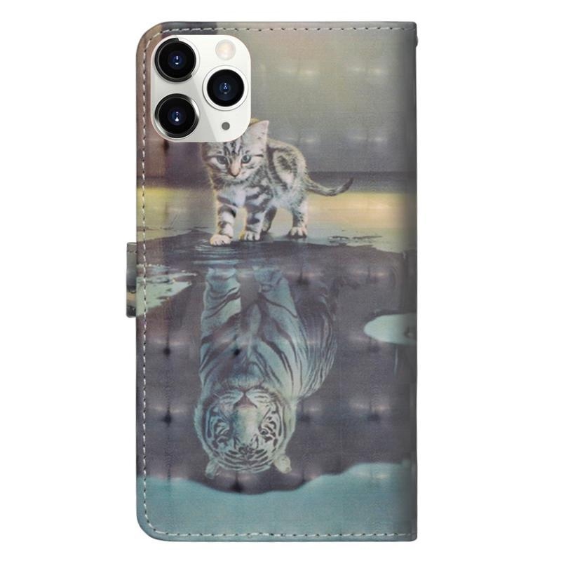 Decor PU kožené peněženkové pouzdro na mobil iPhone 12 mini - kočka a odraz tygra