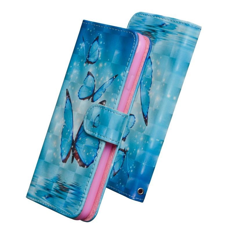 Decor PU kožené peněženkové pouzdro na mobil iPhone 12 mini - modrý motýl
