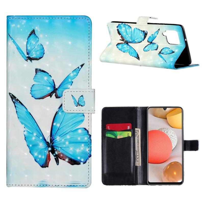 Decor PU kožené peněženkové pouzdro na mobil Samsung Galaxy A42 5G - modří motýli