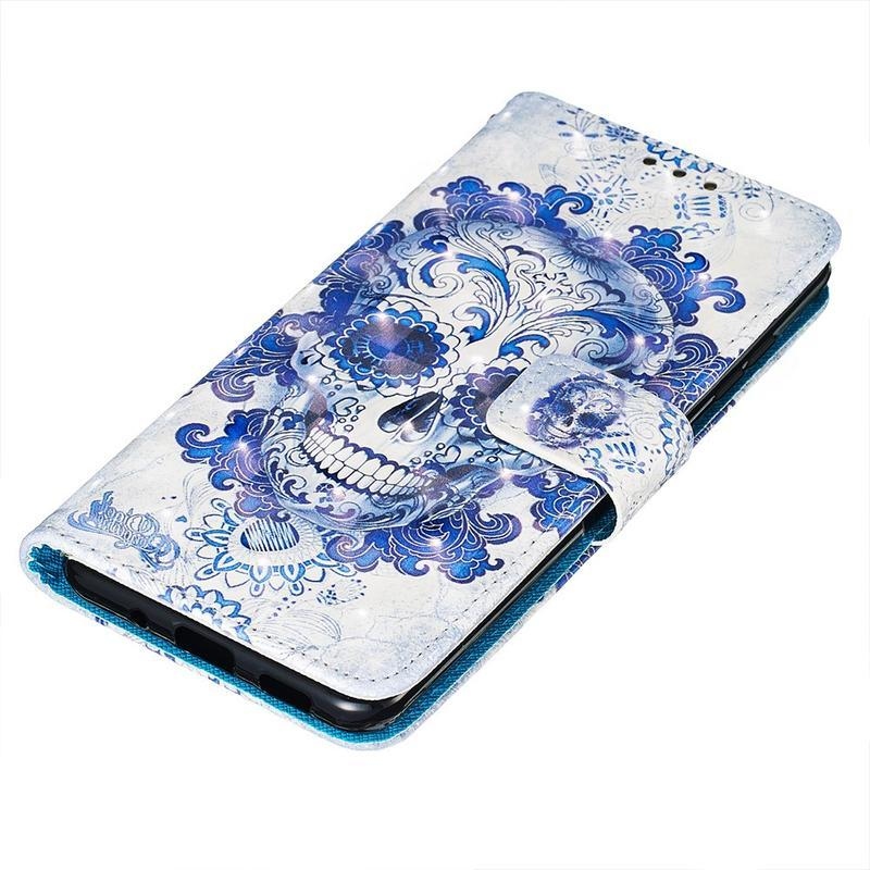 Decor PU kožené peněženkové pouzdro na mobil Samsung Galaxy S20 Plus - lebka s květy