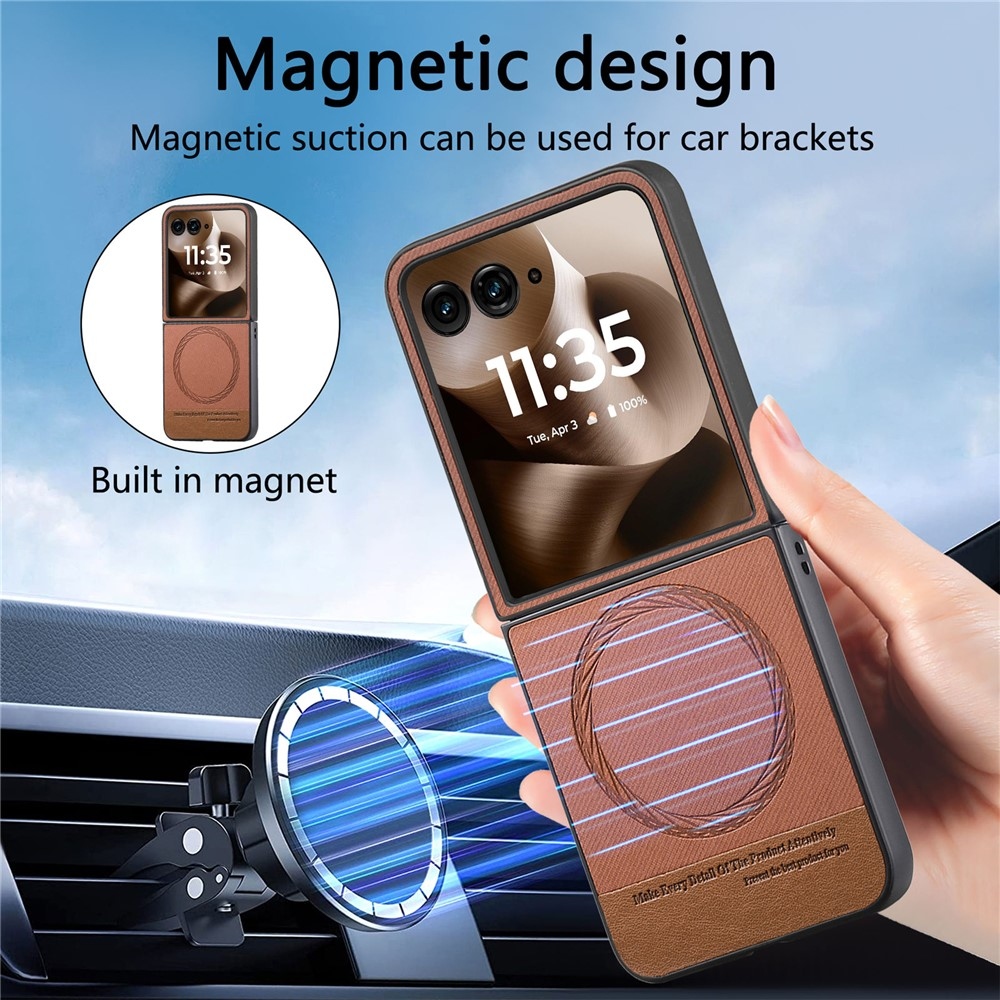 Denim plastový kryt s umělou kůží a MagSafe na Motorola Razr 60 Ultra 5G - hnědý