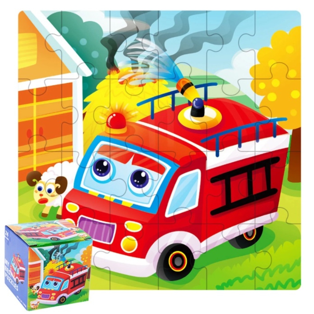Dětské dřevěné obrázkové puzzle 14x14cm (24 dílků) - hasičské auto