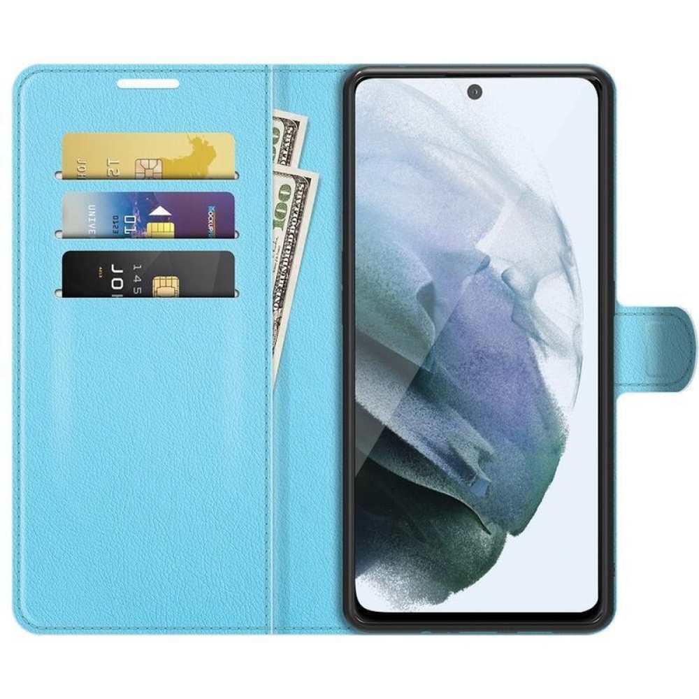 Litchi PU kožené peněženkové pouzdro na mobil Samsung Galaxy S21 FE 5G - modré